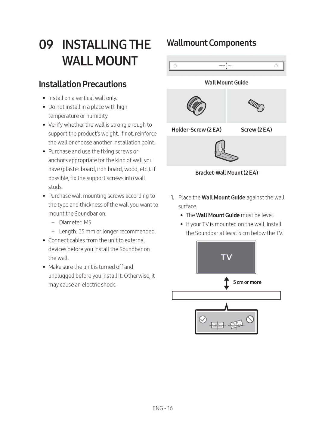 Samsung HW-N400/EN, HW-N400/XN manual Installing the Wall Mount, Installation Precautions, Wallmount Components, Cm or more 