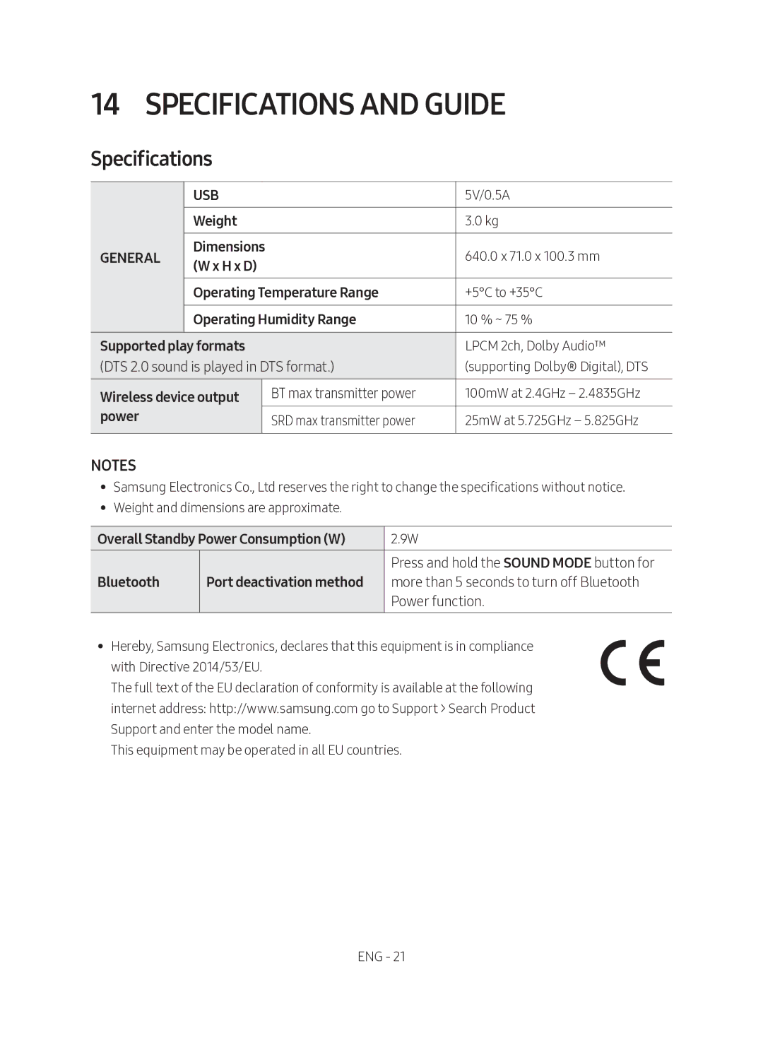 Samsung HW-N400/XN, HW-N400/EN manual Specifications and Guide, Dimensions 