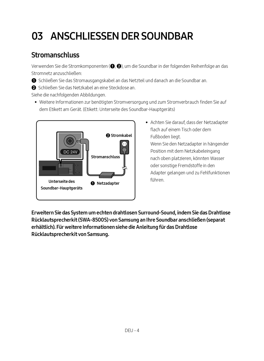 Samsung HW-N400/XN, HW-N400/EN manual Anschliessen der Soundbar, Stromkabel Stromanschluss, Netzadapter 