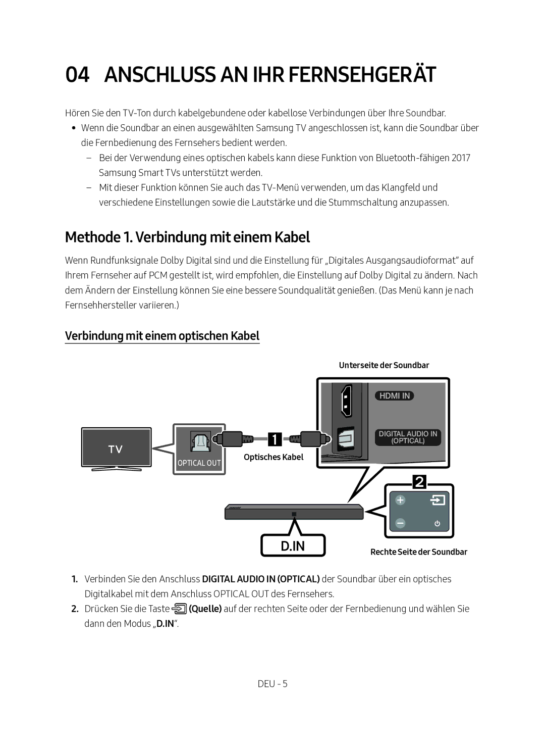 Samsung HW-N400/EN, HW-N400/XN manual Anschluss an ihr Fernsehgerät, Methode 1. Verbindung mit einem Kabel 