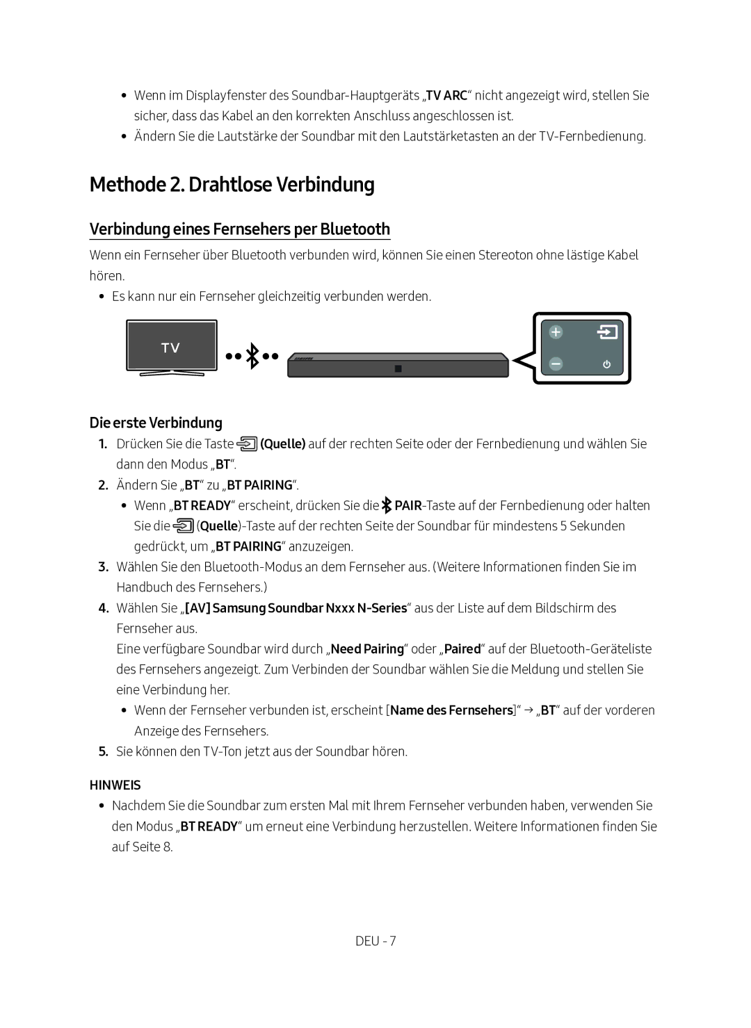 Samsung HW-N400/EN manual Methode 2. Drahtlose Verbindung, Verbindung eines Fernsehers per Bluetooth, Die erste Verbindung 