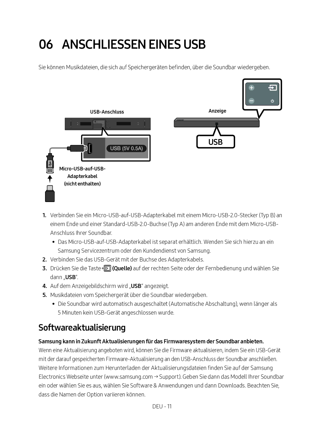 Samsung HW-N400/EN, HW-N400/XN manual Anschliessen eines USB, Softwareaktualisierung, USB-AnschlussAnzeige 