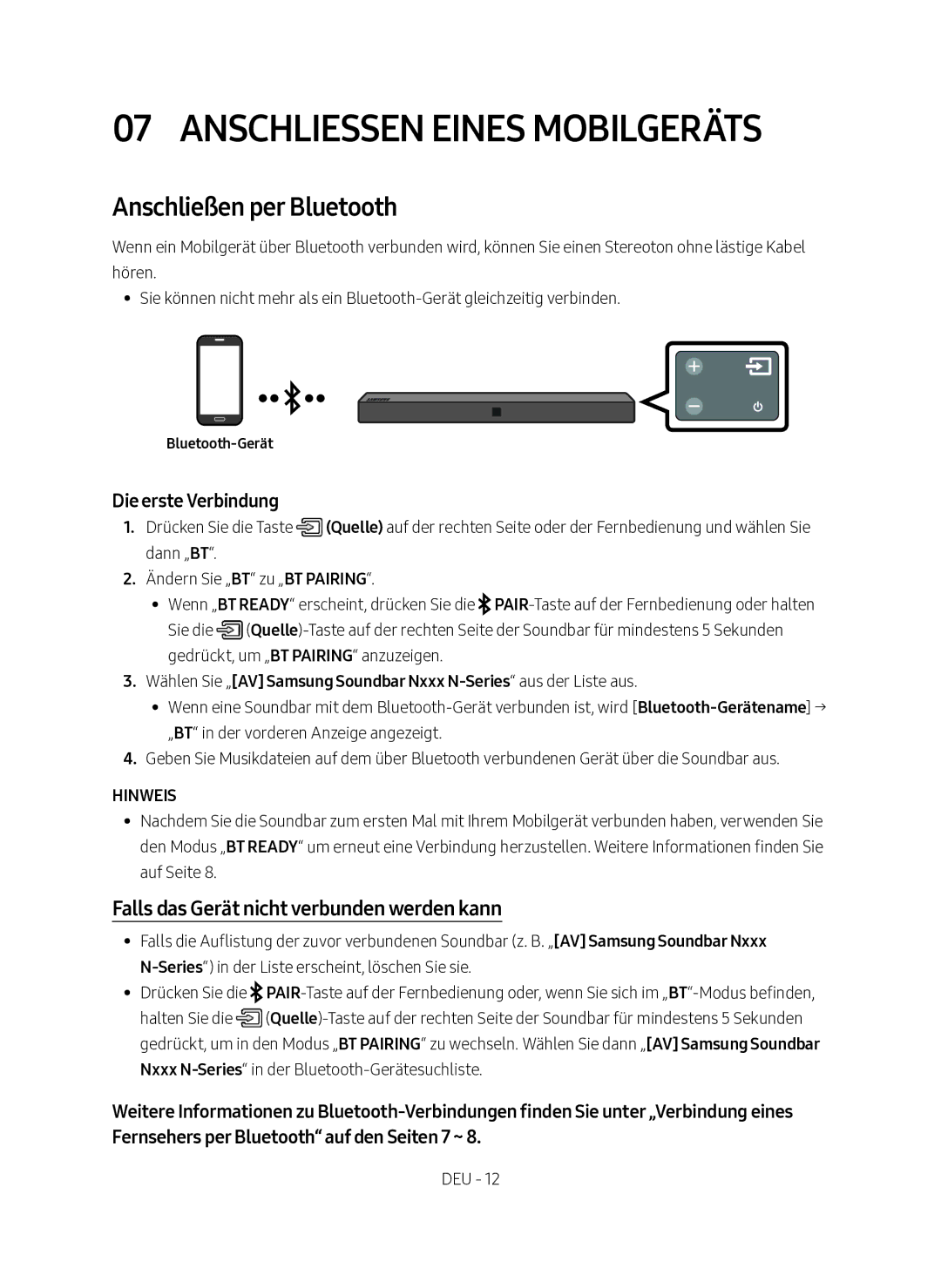 Samsung HW-N400/XN Anschliessen eines Mobilgeräts, Anschließen per Bluetooth, Falls das Gerät nicht verbunden werden kann 