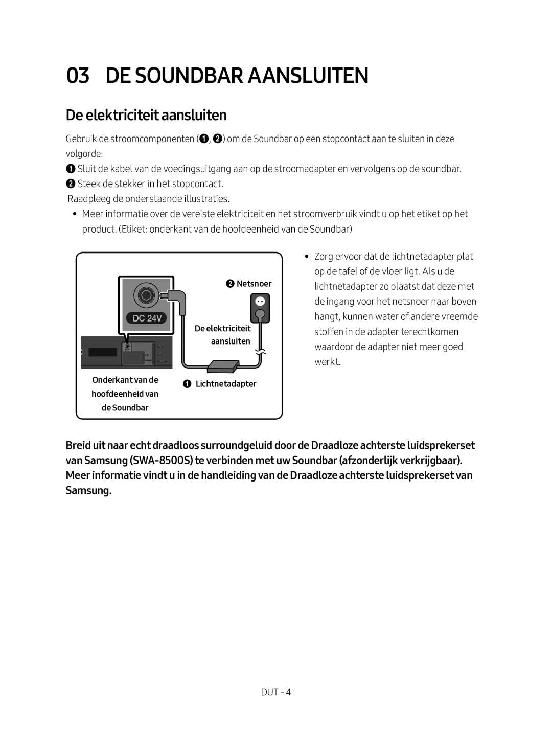 Samsung HW-N400/EN, HW-N400/XN manual De Soundbar Aansluiten, De elektriciteit aansluiten, Netsnoer, Lichtnetadapter 