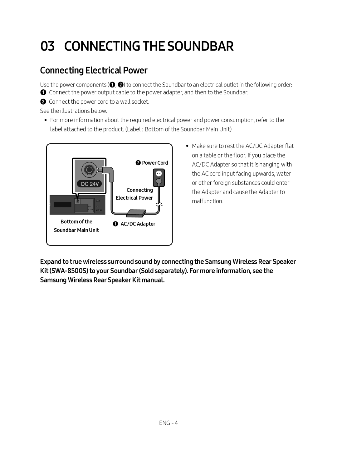 Samsung HW-N400/EN, HW-N400/XN manual Connecting the Soundbar, Power Cord Connecting Electrical Power, AC/DC Adapter 