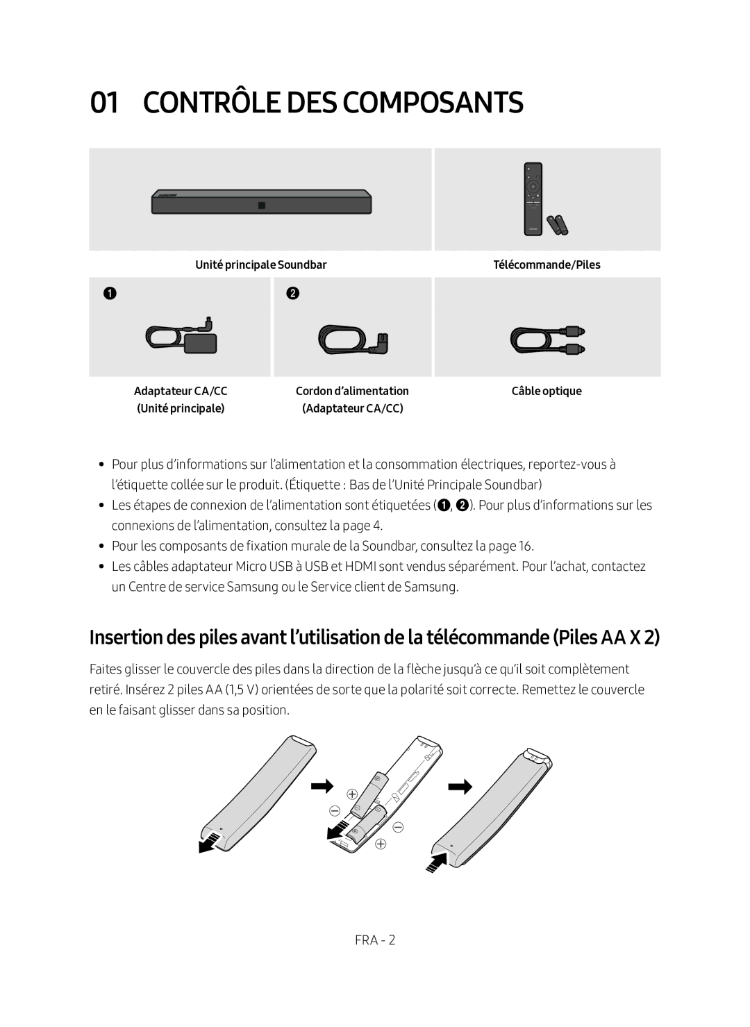 Samsung HW-N400/XN, HW-N400/EN manual Contrôle des Composants, Unité principale Soundbar, Télécommande/Piles Câble optique 