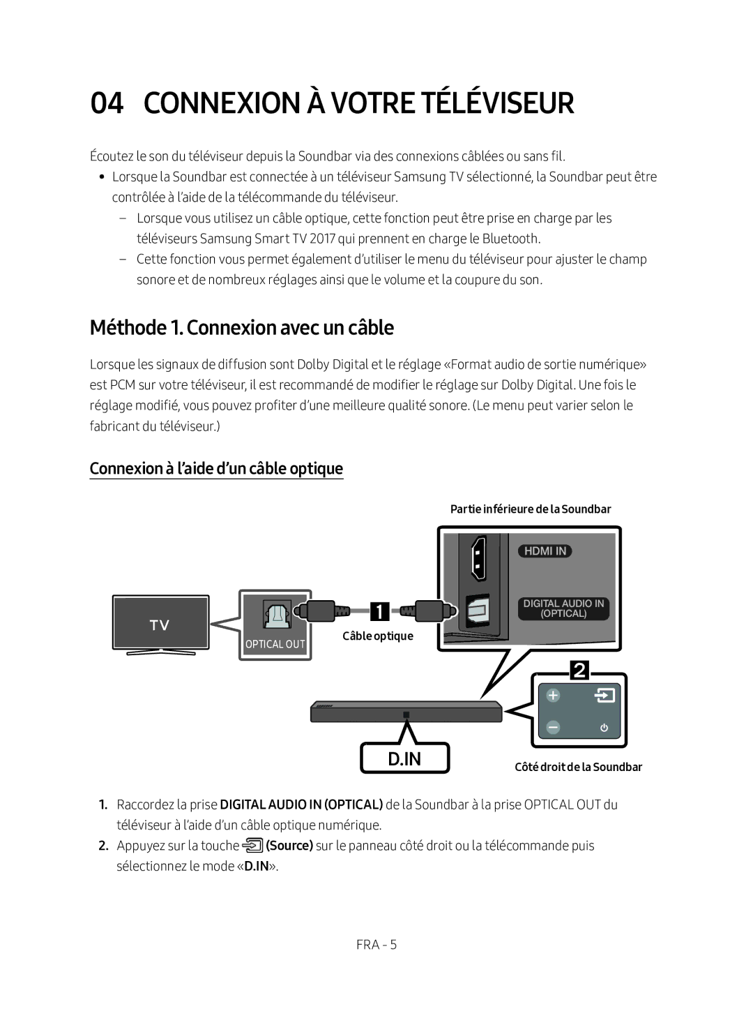 Samsung HW-N400/EN Connexion à votre Téléviseur, Méthode 1. Connexion avec un câble, Connexion à l’aide d’un câble optique 