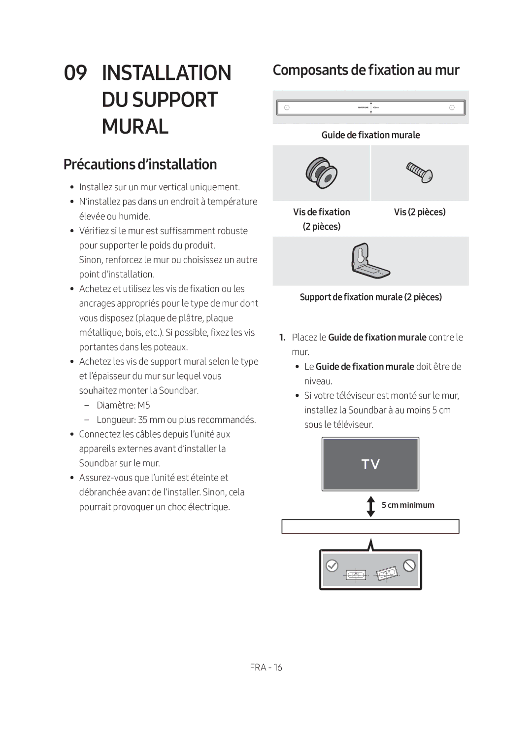 Samsung HW-N400/XN Installation du Support Mural, Précautions d’installation, Composants de fixation au mur, Cm minimum 