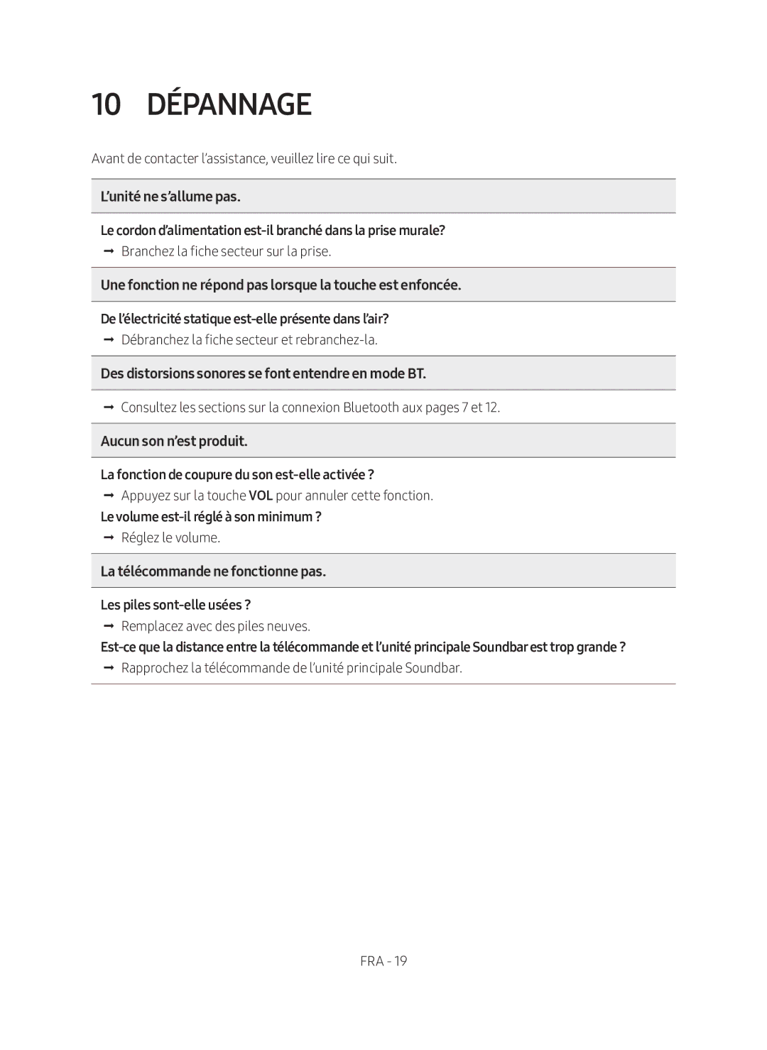 Samsung HW-N400/EN, HW-N400/XN manual 10 Dépannage, ’unité ne s’allume pas 