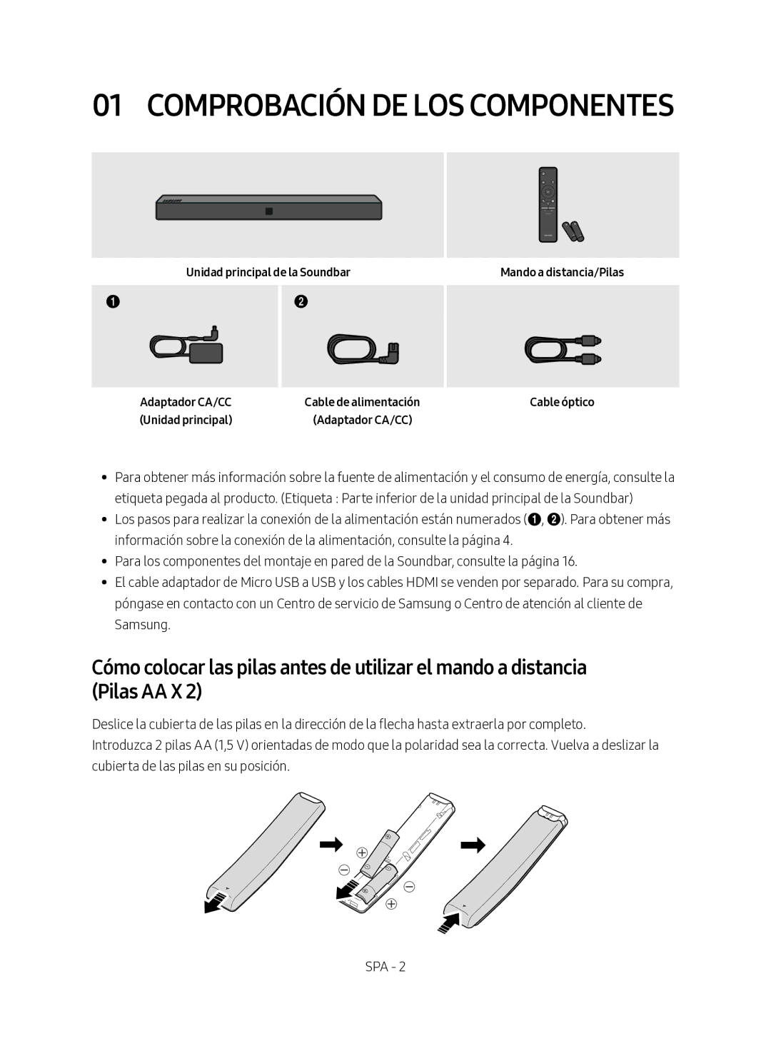 Samsung HW-N400/ZF manual Unidad principal de la Soundbar Adaptador CA/CC, Mando a distancia/Pilas Cable óptico 