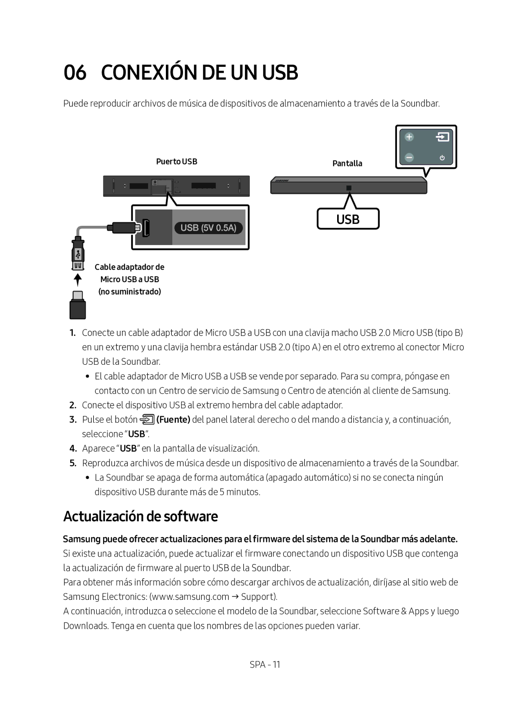 Samsung HW-N400/ZF manual Conexión DE UN USB, Actualización de software, Puerto USB Pantalla, Cable adaptador de 