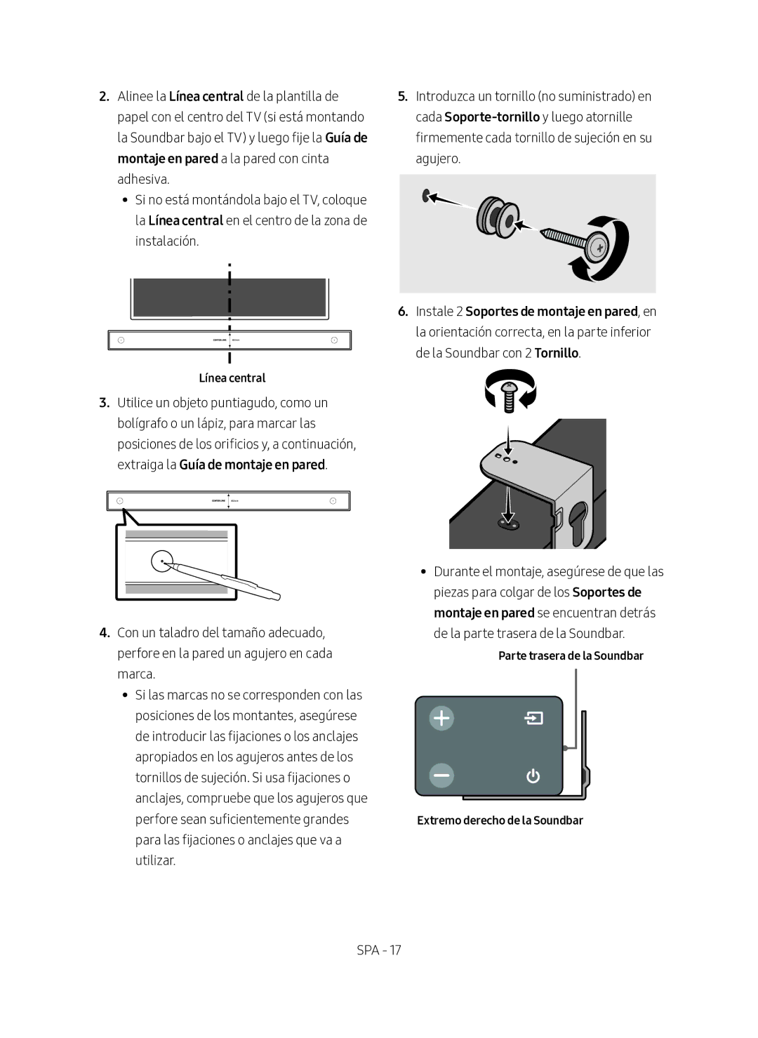 Samsung HW-N400/ZF manual Línea central, Parte trasera de la Soundbar Extremo derecho de la Soundbar 