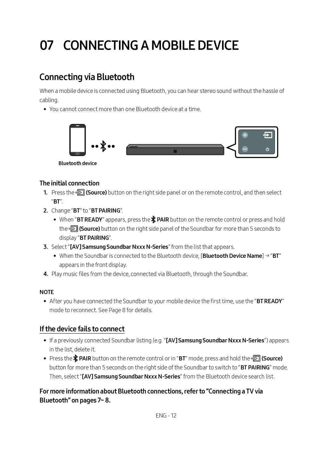 Samsung HW-N400/ZF Connecting a Mobile Device, Connecting via Bluetooth, If the device fails to connect, Bluetooth device 