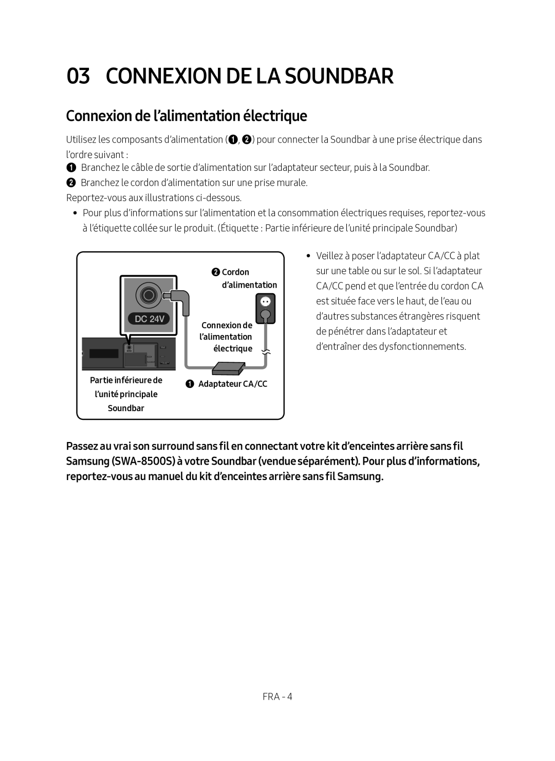 Samsung HW-N400/ZF manual Connexion DE LA Soundbar, Connexion de l’alimentation électrique, Partie inférieure de 