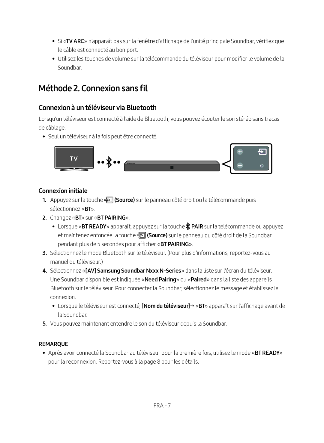 Samsung HW-N400/ZF Méthode 2. Connexion sans fil, Connexion à un téléviseur via Bluetooth, Connexion initiale, Remarque 