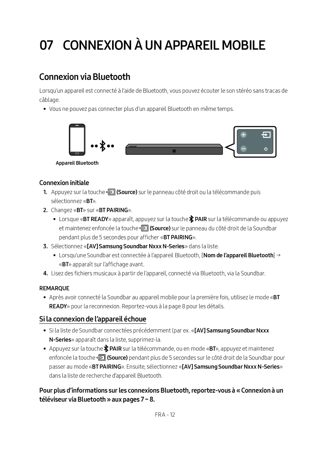 Samsung HW-N400/ZF manual Connexion À UN Appareil Mobile, Connexion via Bluetooth, Si la connexion de l’appareil échoue 