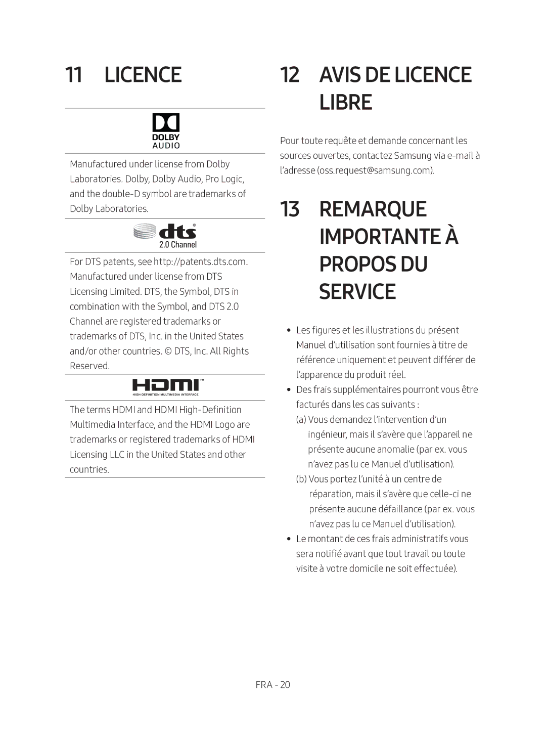 Samsung HW-N400/ZF manual Remarque Importante À Propos DU Service, Avis DE Licence Libre 