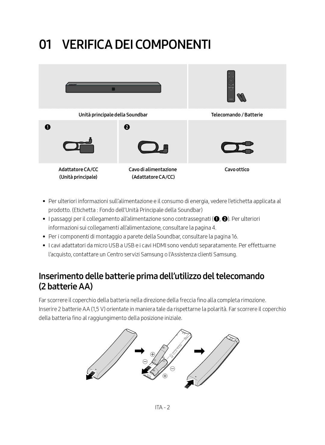 Samsung HW-N400/ZF manual Verifica DEI Componenti, Unità principale della Soundbar, Telecomando / Batterie Cavo ottico 