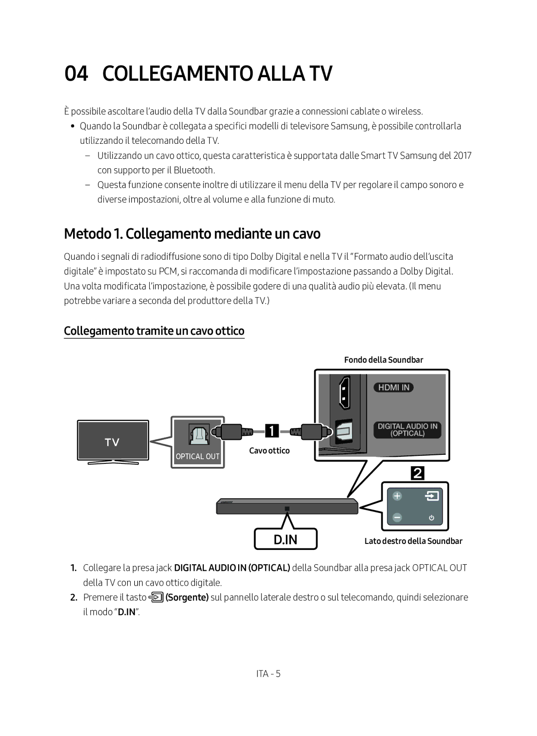 Samsung HW-N400/ZF Collegamento Alla TV, Metodo 1. Collegamento mediante un cavo, Collegamento tramite un cavo ottico 