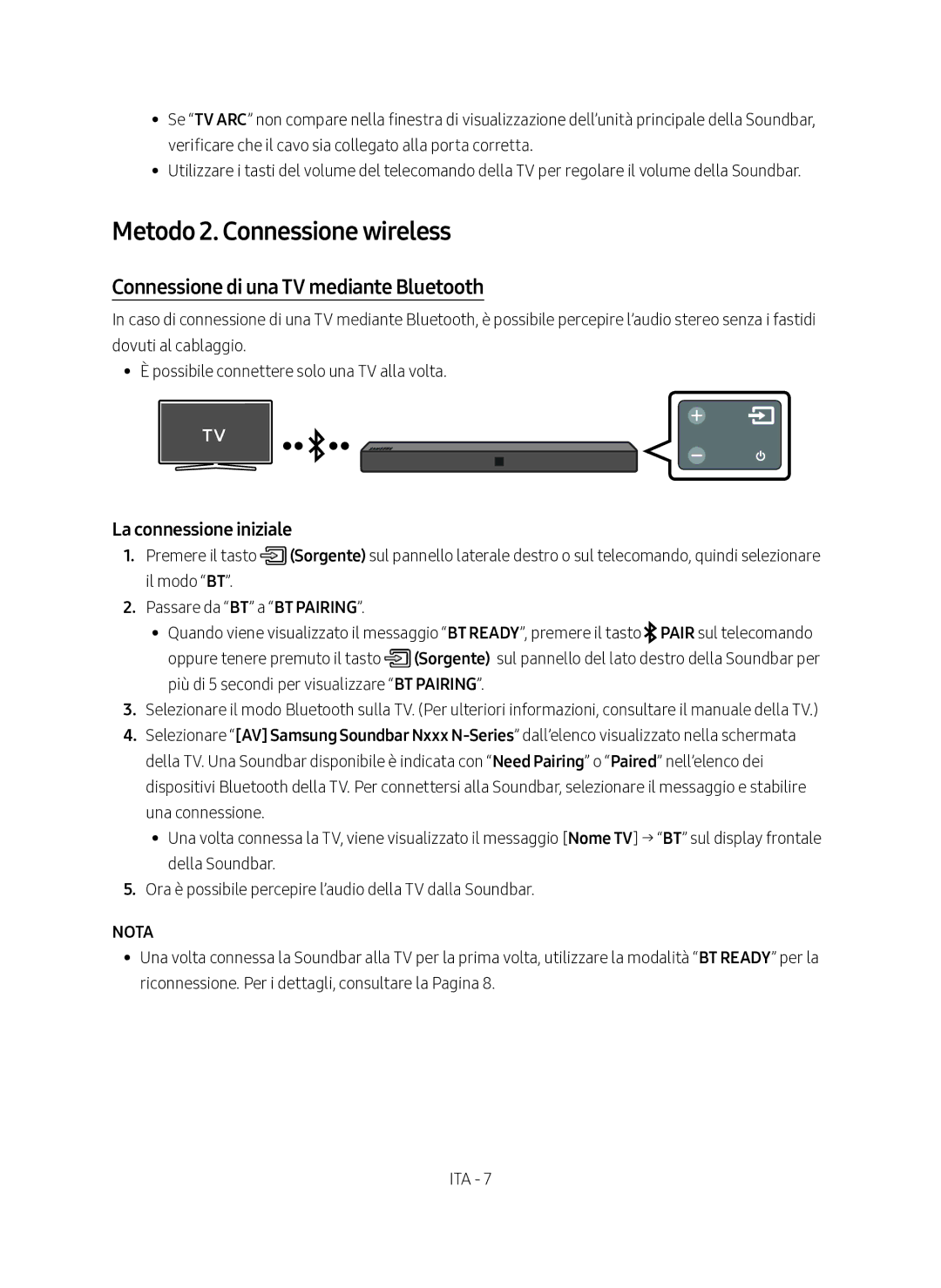 Samsung HW-N400/ZF Metodo 2. Connessione wireless, Connessione di una TV mediante Bluetooth, La connessione iniziale, Nota 