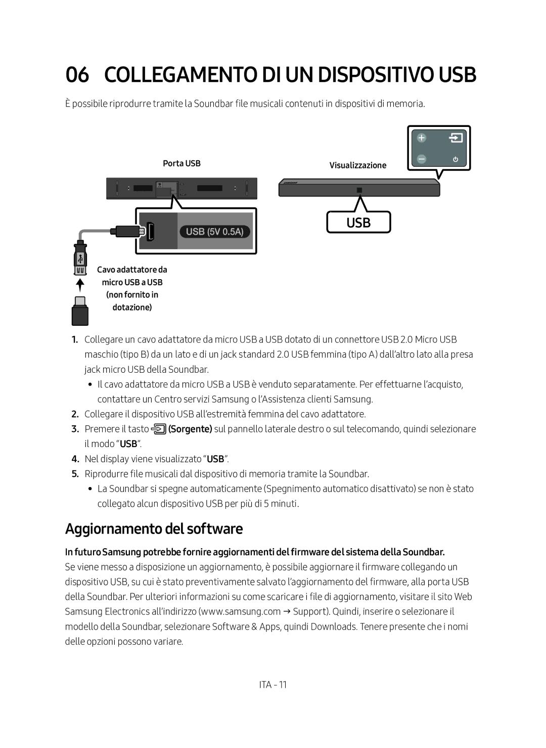 Samsung HW-N400/ZF manual Aggiornamento del software, Porta USB Visualizzazione 