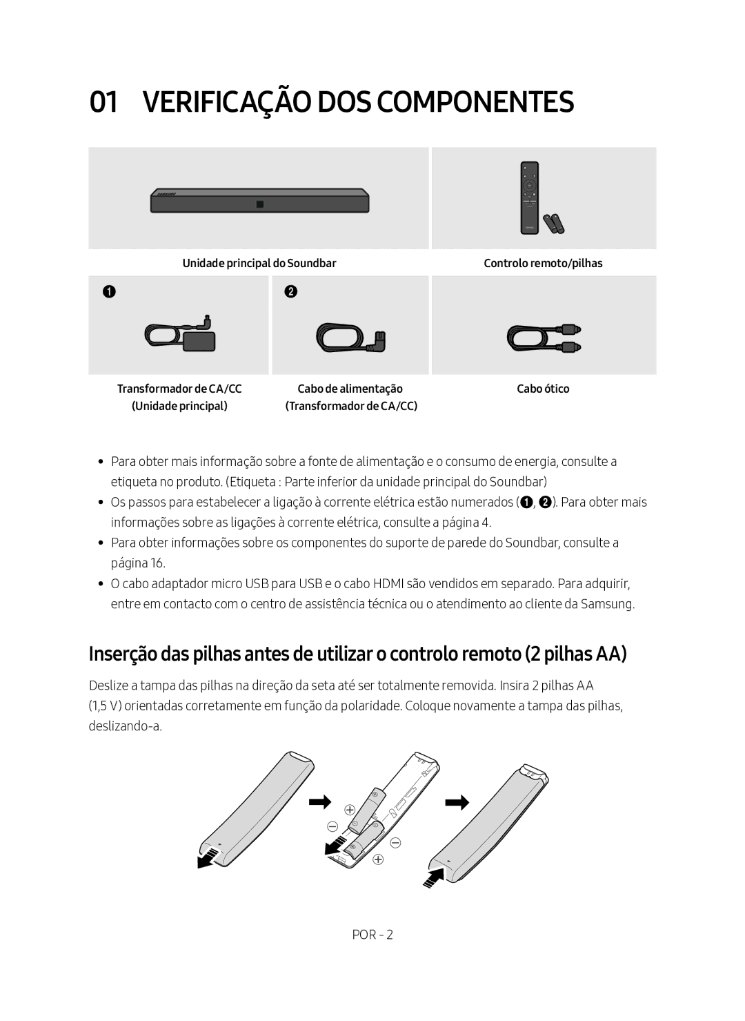 Samsung HW-N400/ZF manual Verificação DOS Componentes, Unidade principal do Soundbar, Controlo remoto/pilhas Cabo ótico 