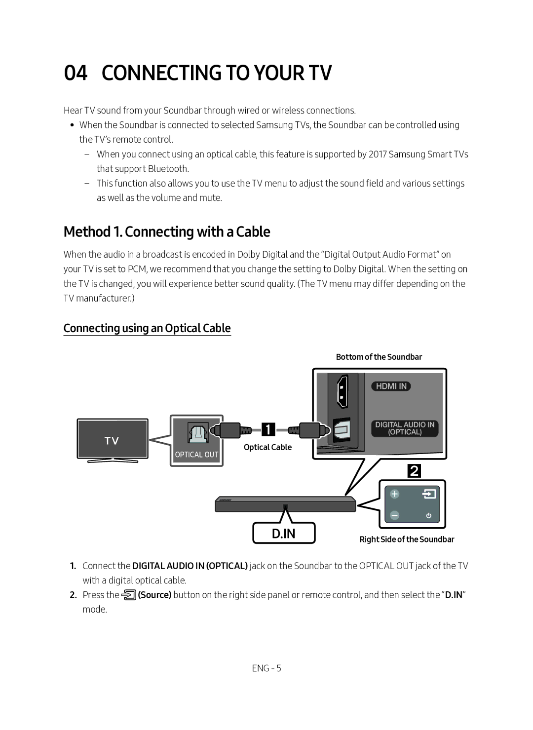 Samsung HW-N400/ZF manual Connecting to Your TV, Method 1. Connecting with a Cable, Connecting using an Optical Cable 