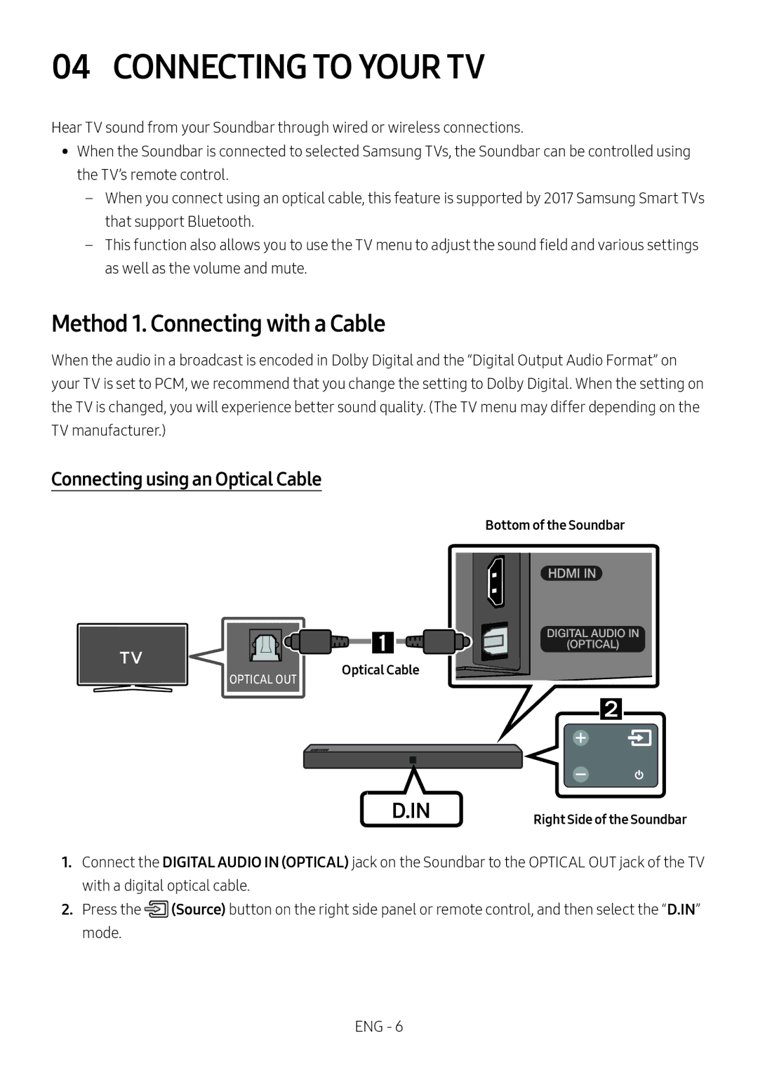 Samsung HW-N400/ZG, HW-N400/ZF Connecting to Your TV, Method 1. Connecting with a Cable, Connecting using an Optical Cable 