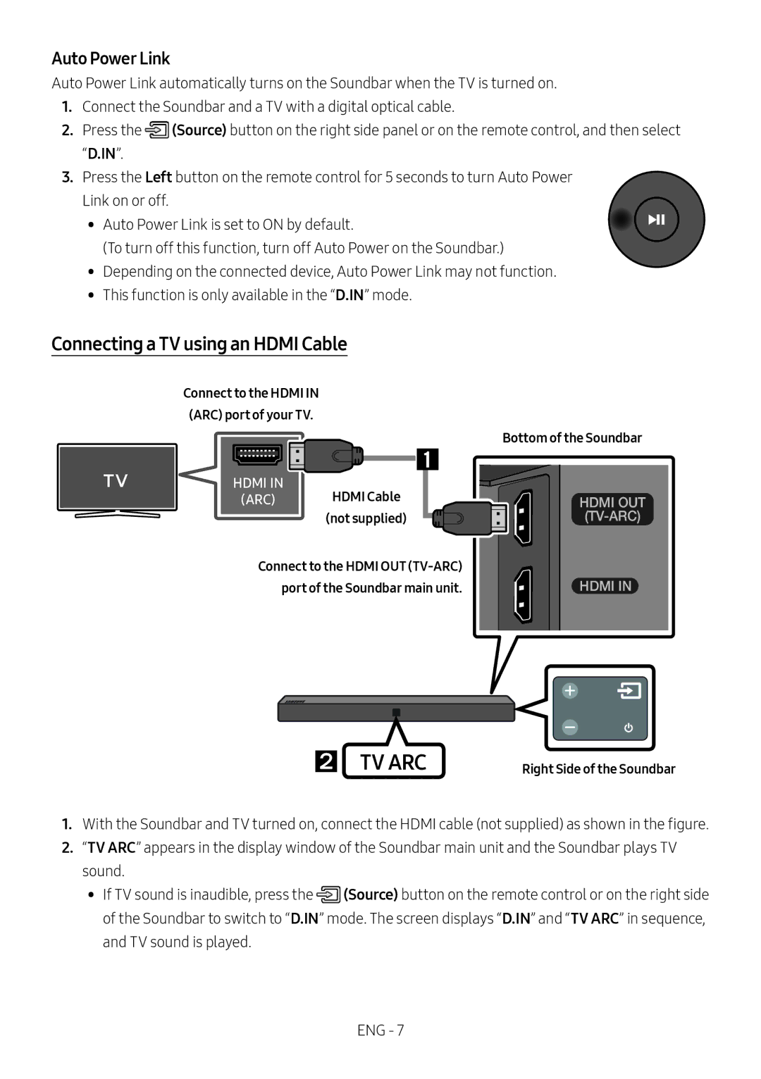 Samsung HW-N400/ZF, HW-N400/ZG manual Connecting a TV using an Hdmi Cable, Auto Power Link, ARC Hdmi Cable not supplied 