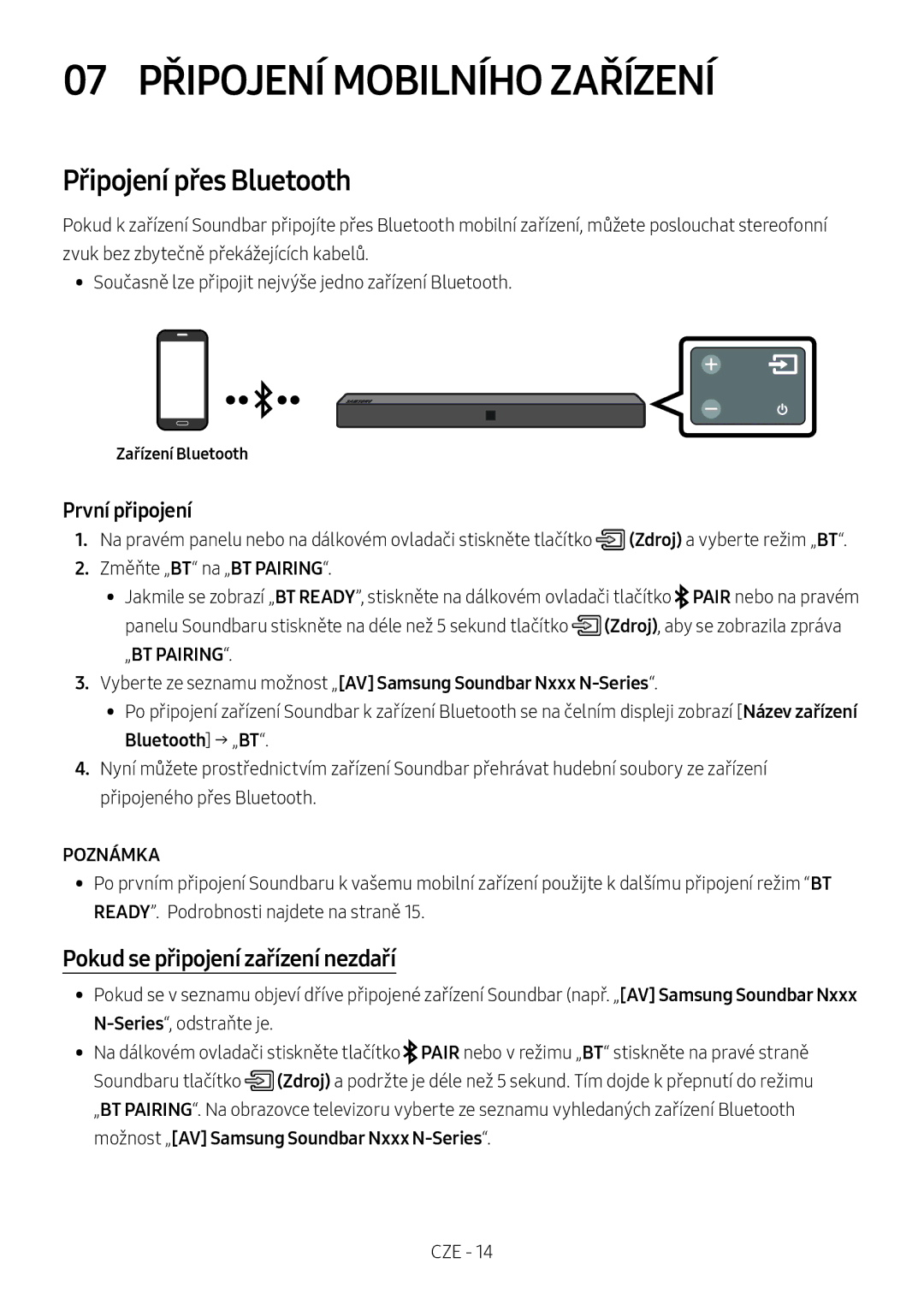 Samsung HW-N400/EN manual 07 Připojení Mobilního Zařízení, Připojení přes Bluetooth, Pokud se připojení zařízení nezdaří 