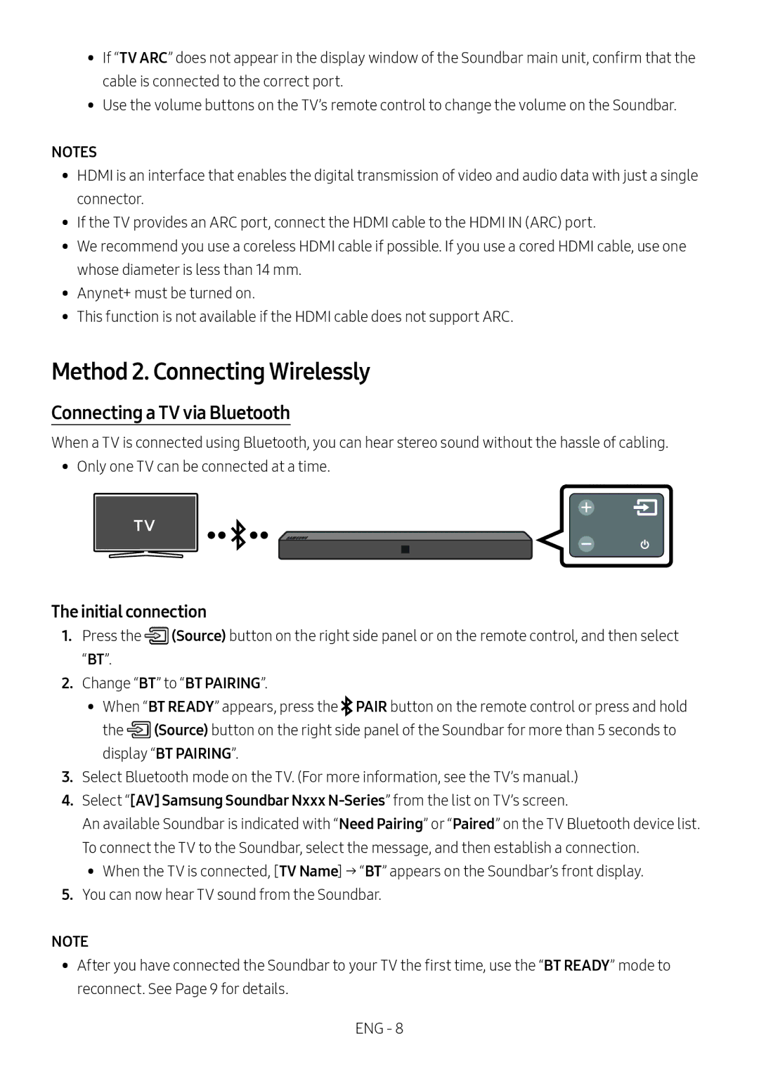 Samsung HW-N400/EN, HW-N400/ZG manual Method 2. Connecting Wirelessly, Connecting a TV via Bluetooth, Initial connection 