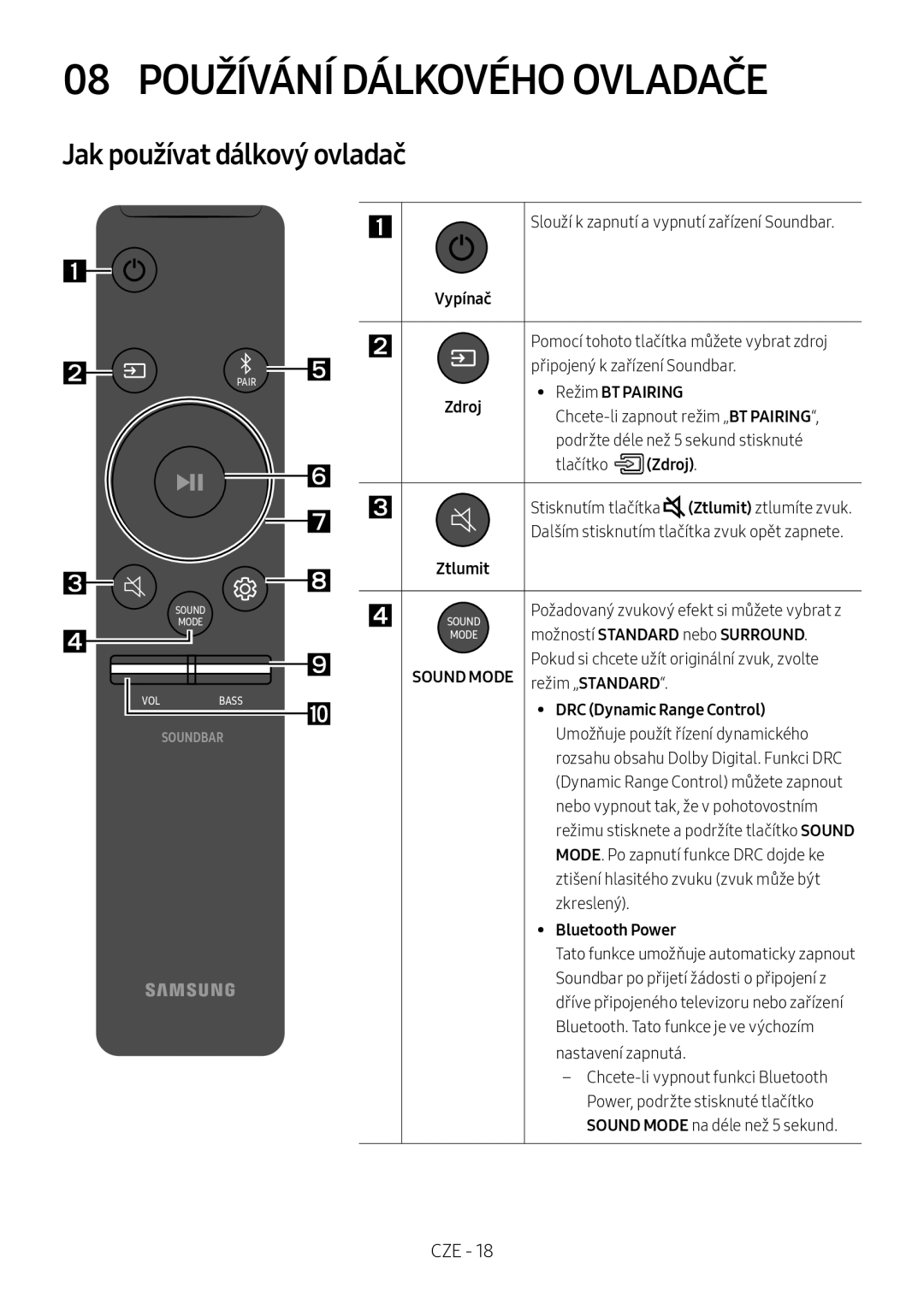 Samsung HW-N400/ZF 08 Používání Dálkového Ovladače, Jak používat dálkový ovladač, Ztlumit, Možností Standard nebo Surround 