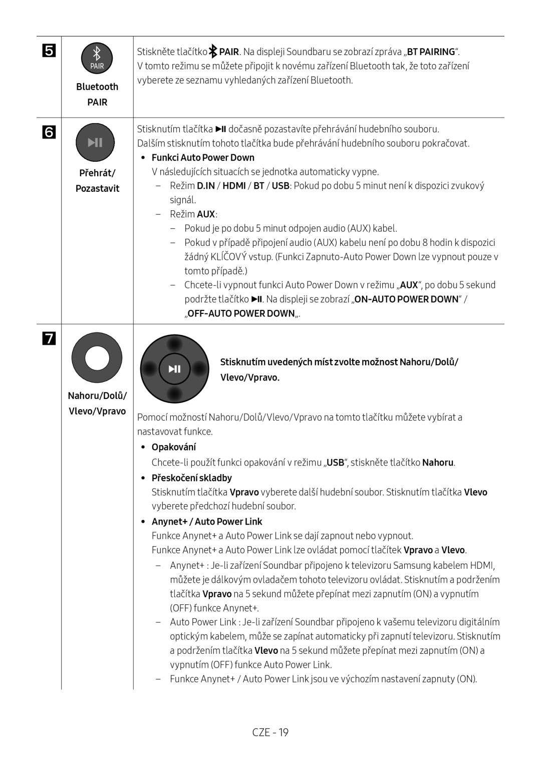 Samsung HW-N400/EN, HW-N400/ZG, HW-N400/ZF Funkci Auto Power Down, Nahoru/Dolů Vlevo/Vpravo, Opakování, Přeskočení skladby 