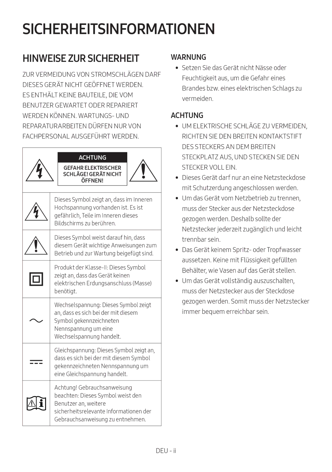 Samsung HW-N400/XN, HW-N400/ZG, HW-N400/ZF, HW-N400/EN, HW-N410/XE manual Sicherheitsinformationen, Warnung, Achtung 