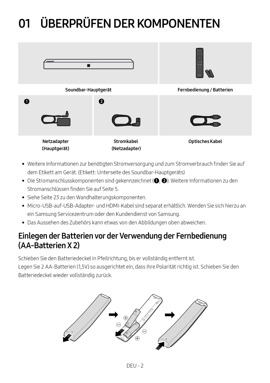 Samsung HW-N410/XE, HW-N400/ZG, HW-N400/ZF, HW-N400/EN, HW-N400/XN manual 01 Überprüfen DER Komponenten 