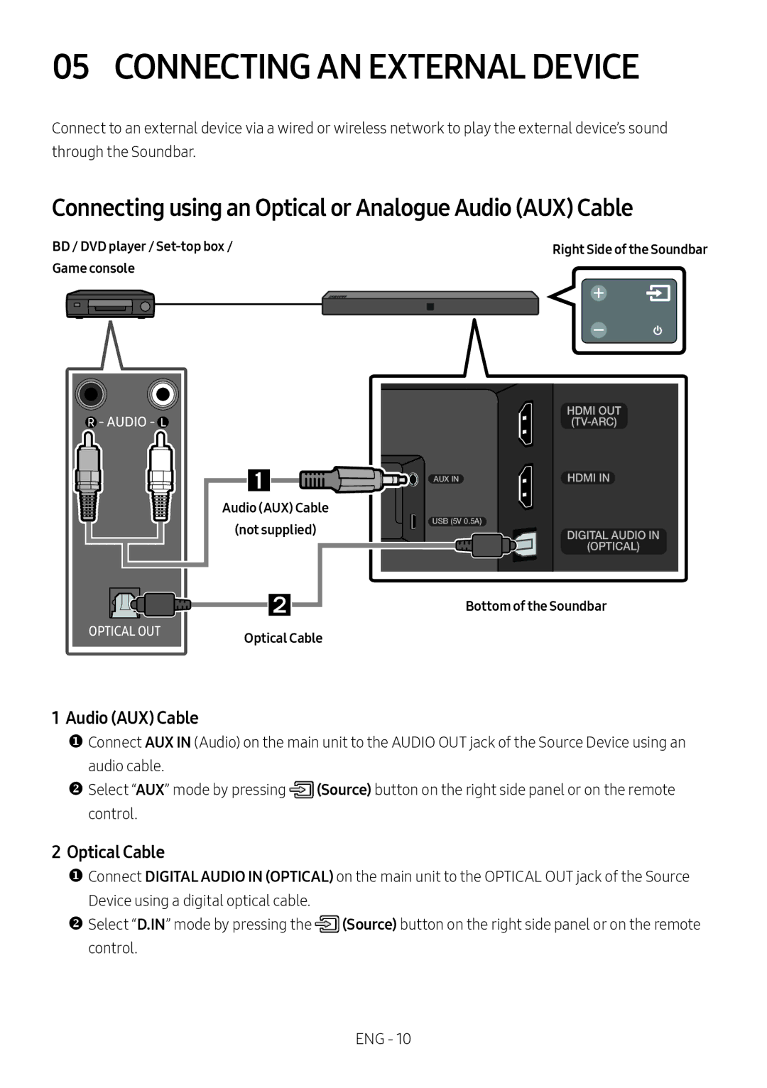 Samsung HW-N400/XN Connecting AN External Device, Connecting using an Optical or Analogue Audio AUX Cable, Optical Cable 