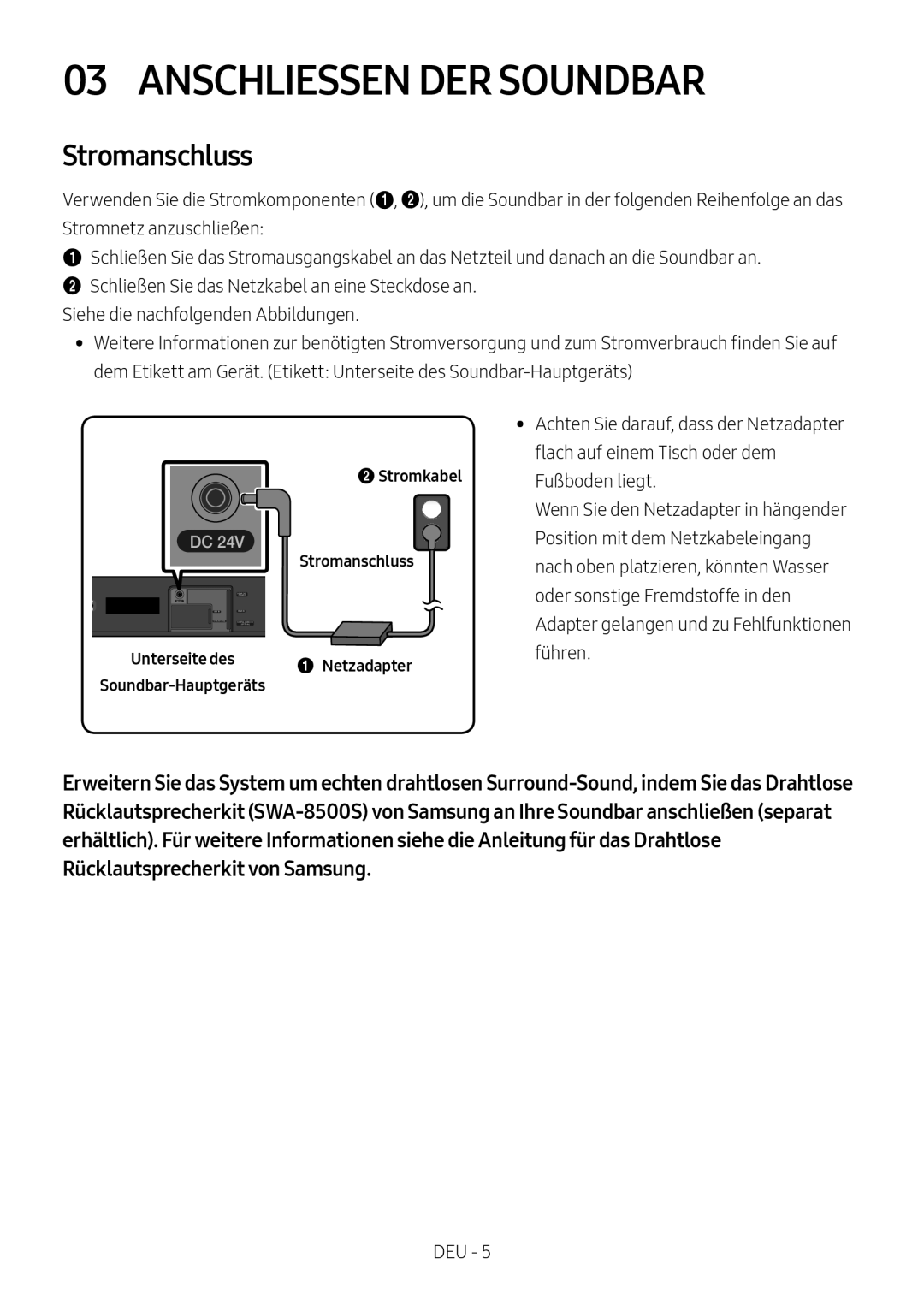 Samsung HW-N400/ZF, HW-N400/ZG, HW-N400/EN, HW-N410/XE Anschliessen DER Soundbar, Stromkabel Stromanschluss, Netzadapter 