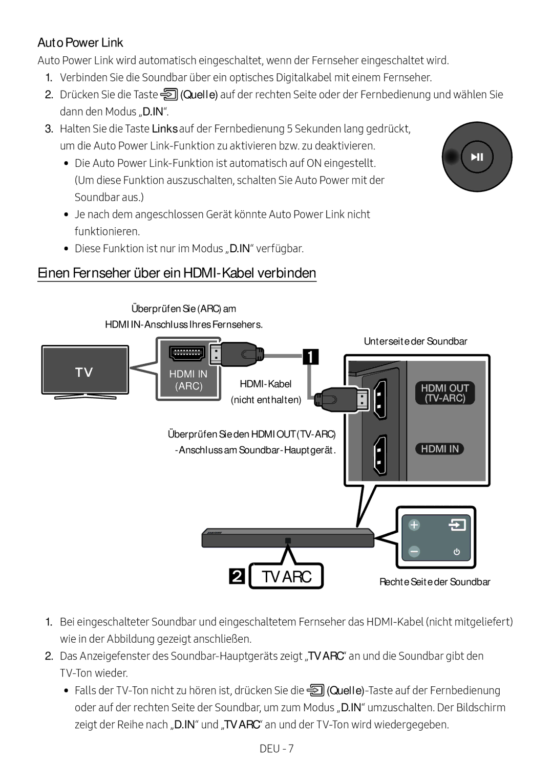 Samsung HW-N410/XE Einen Fernseher über ein HDMI-Kabel verbinden, Überprüfen Sie ARC am Hdmi IN-Anschluss Ihres Fernsehers 