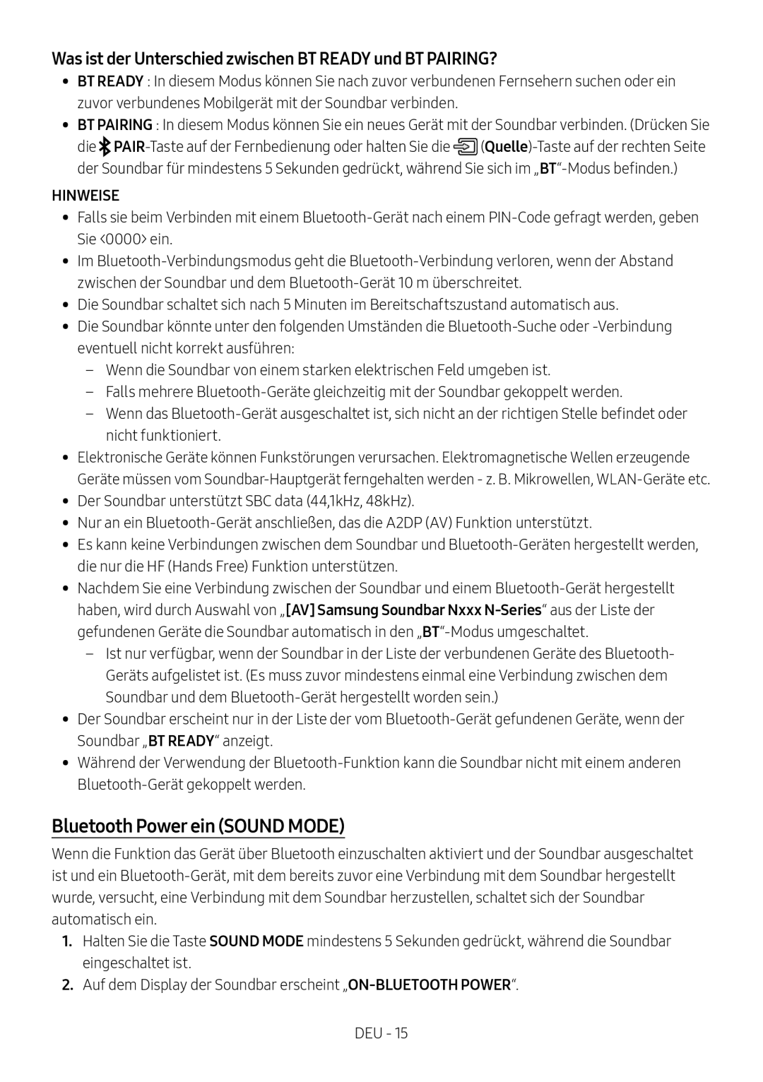 Samsung HW-N400/ZF, HW-N400/ZG Bluetooth Power ein Sound Mode, Was ist der Unterschied zwischen BT Ready und BT PAIRING? 