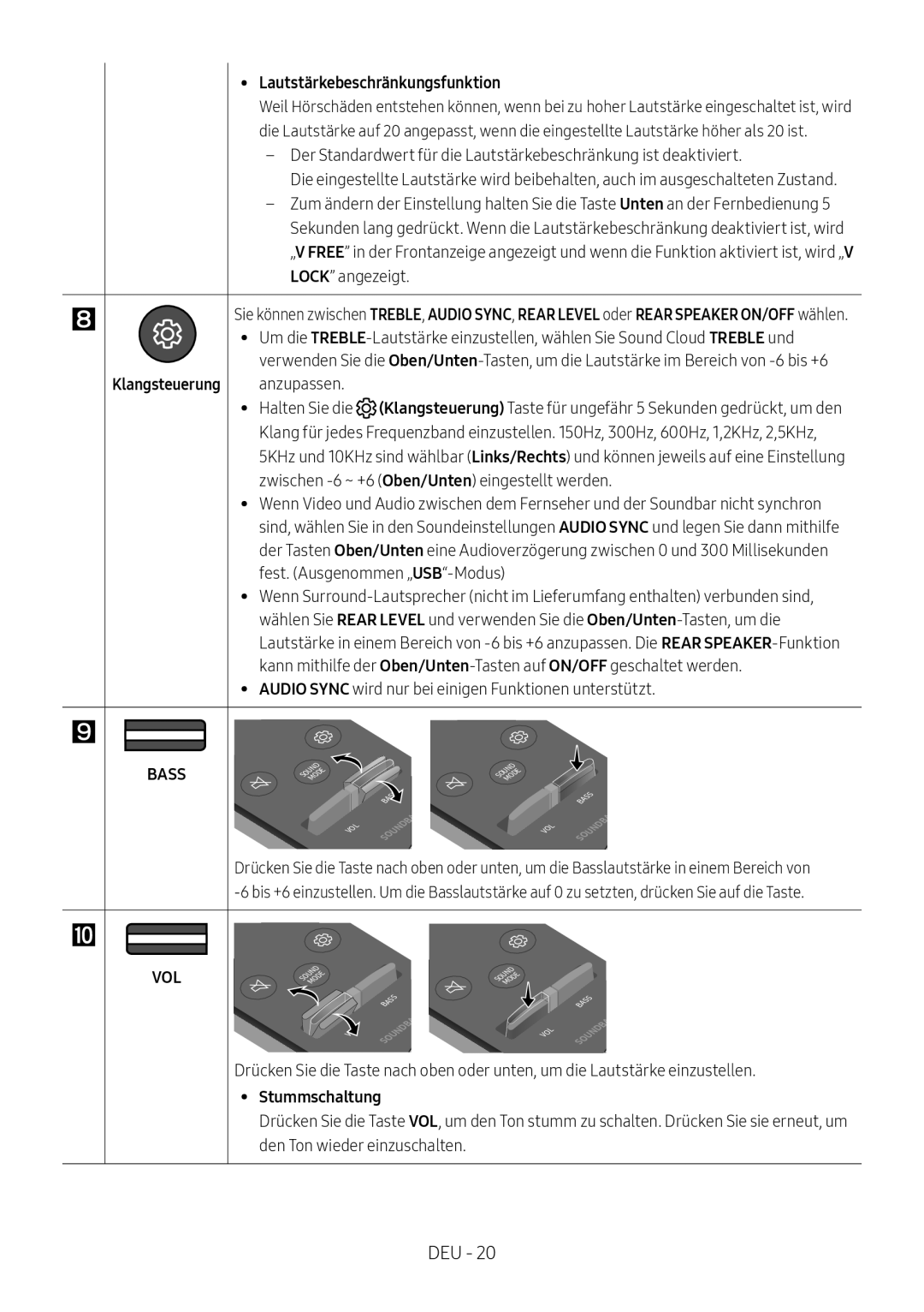 Samsung HW-N400/ZF Klangsteuerung, Lautstärkebeschränkungsfunktion, Audio Sync wird nur bei einigen Funktionen unterstützt 