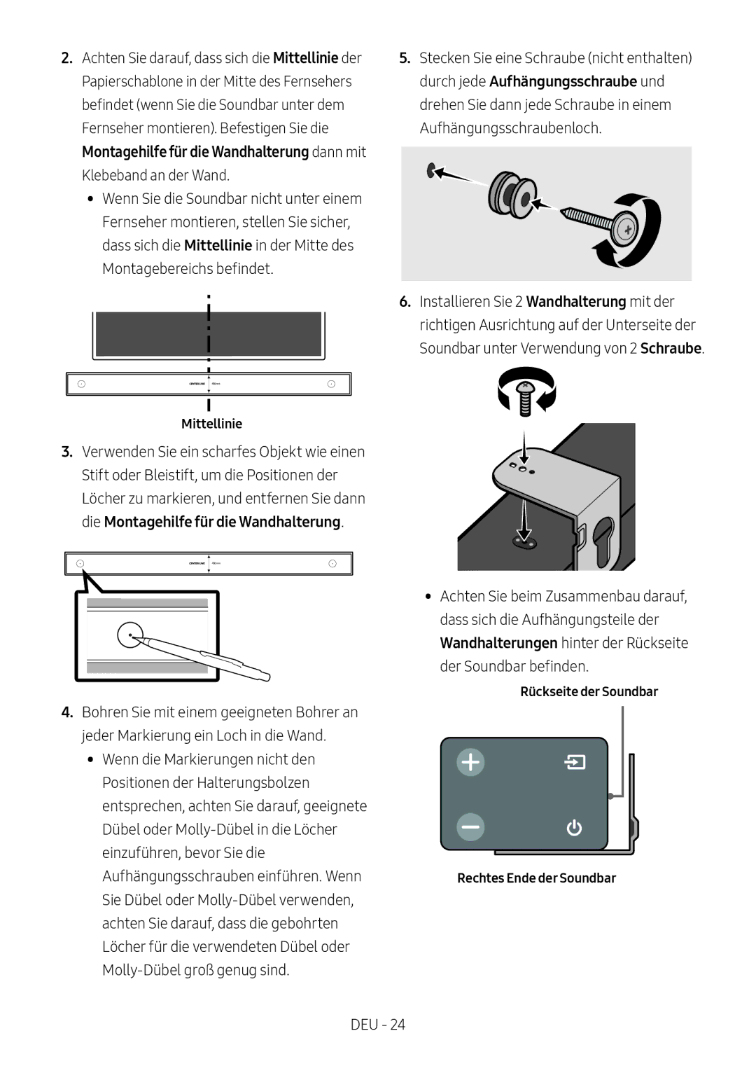 Samsung HW-N400/ZG, HW-N400/ZF, HW-N400/EN manual Montagebereichs befindet, Rückseite der Soundbar Rechtes Ende der Soundbar 