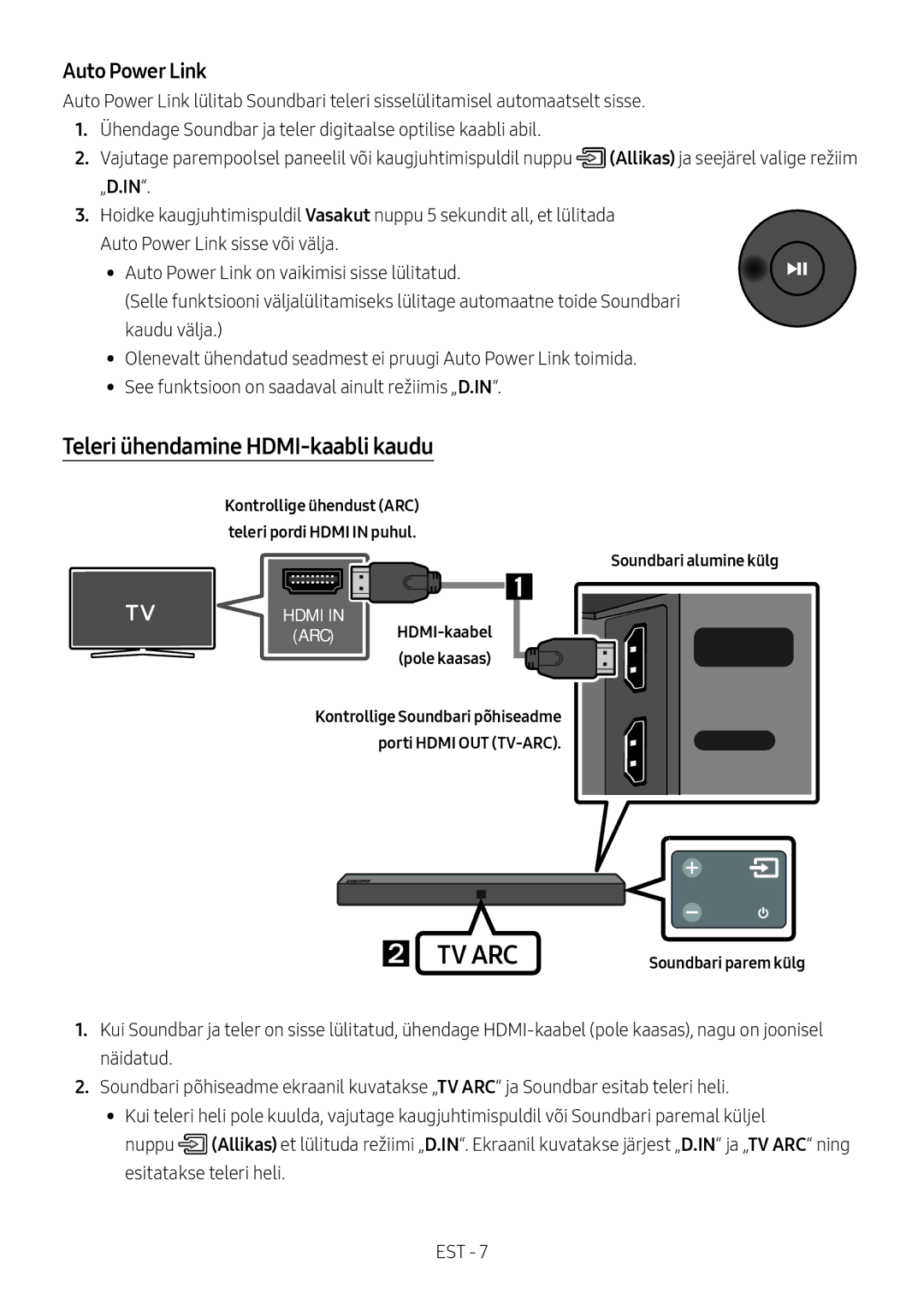 Samsung HW-N400/ZF, HW-N400/ZG Teleri ühendamine HDMI-kaabli kaudu, ARC HDMI-kaabel pole kaasas, Soundbari alumine külg 