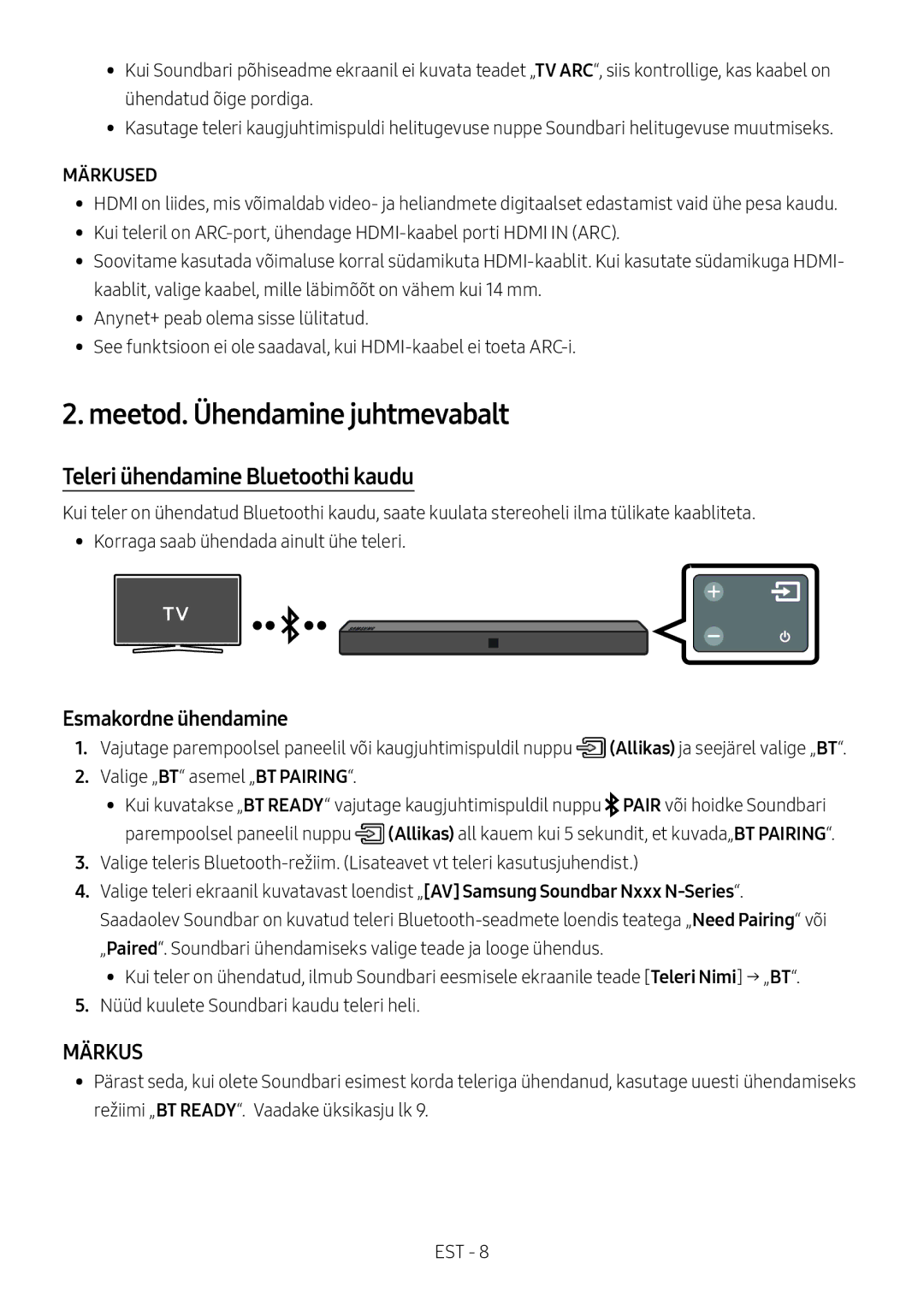 Samsung HW-N400/EN Meetod. Ühendamine juhtmevabalt, Teleri ühendamine Bluetoothi kaudu, Esmakordne ühendamine, Märkus 