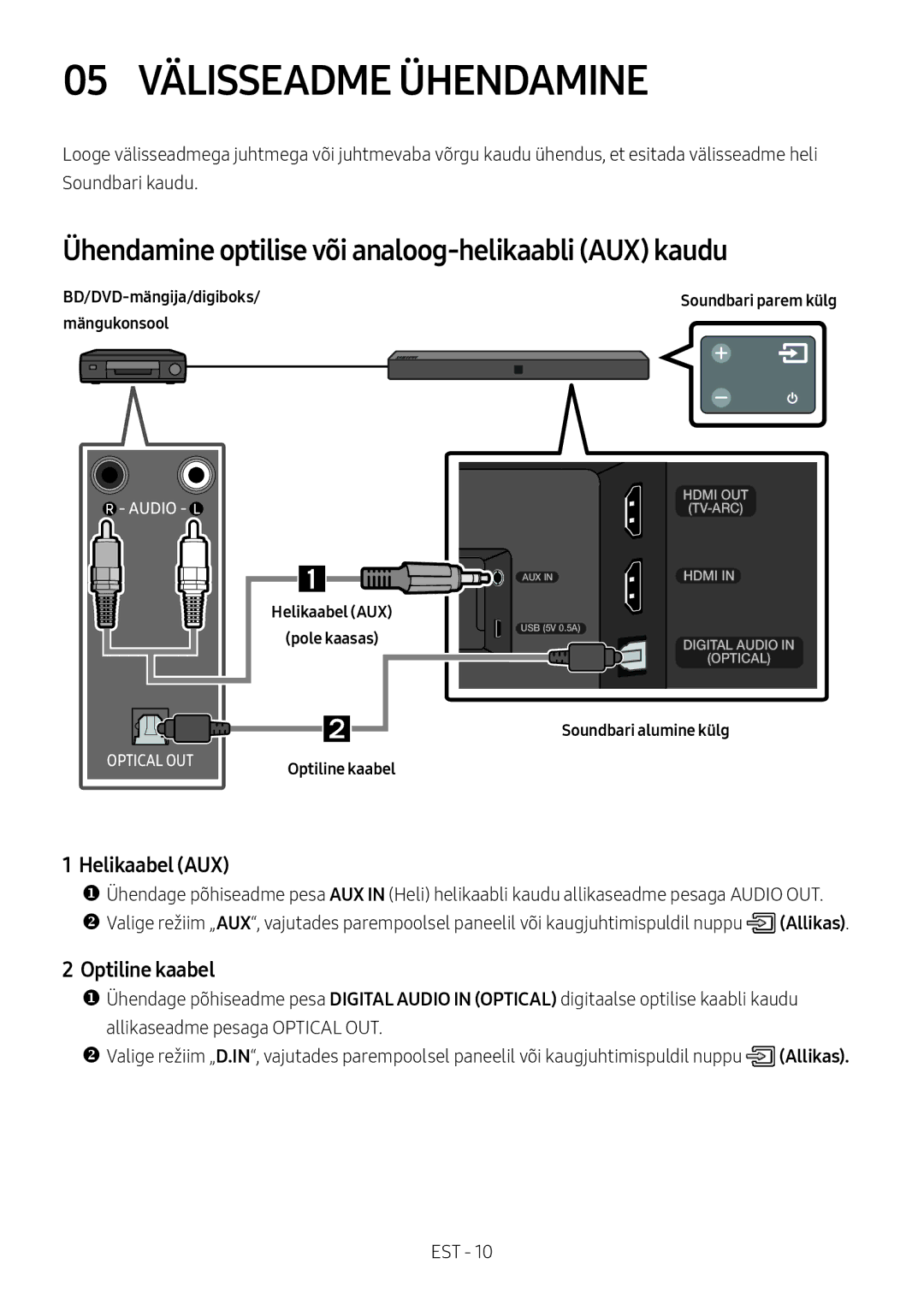 Samsung HW-N400/XN manual 05 Välisseadme Ühendamine, Ühendamine optilise või analoog-helikaabli AUX kaudu, Helikaabel AUX 