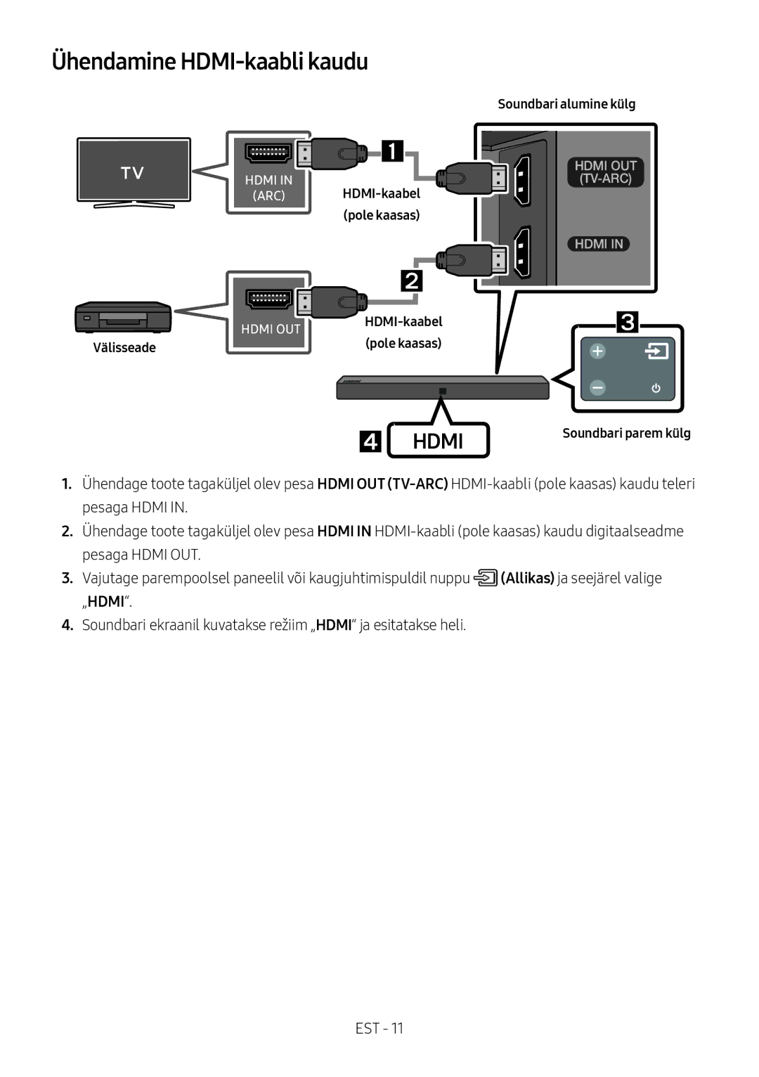 Samsung HW-N400/ZG, HW-N400/ZF, HW-N400/EN, HW-N410/XE, HW-N400/XN manual Ühendamine HDMI-kaabli kaudu, Välisseade 