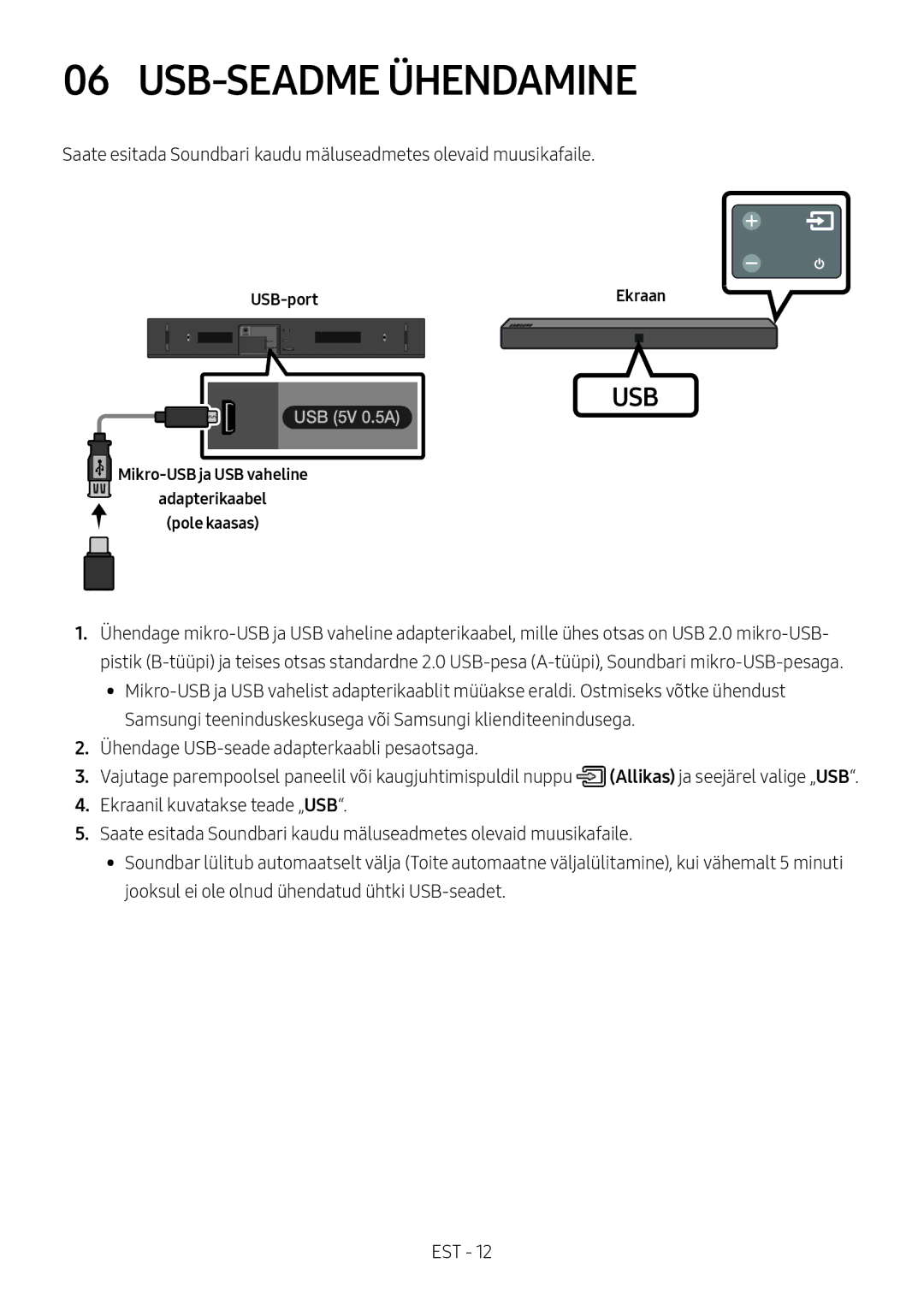 Samsung HW-N400/ZF, HW-N400/ZG USB-SEADME Ühendamine, USB-portEkraan, Mikro-USB ja USB vaheline adapterikaabel pole kaasas 