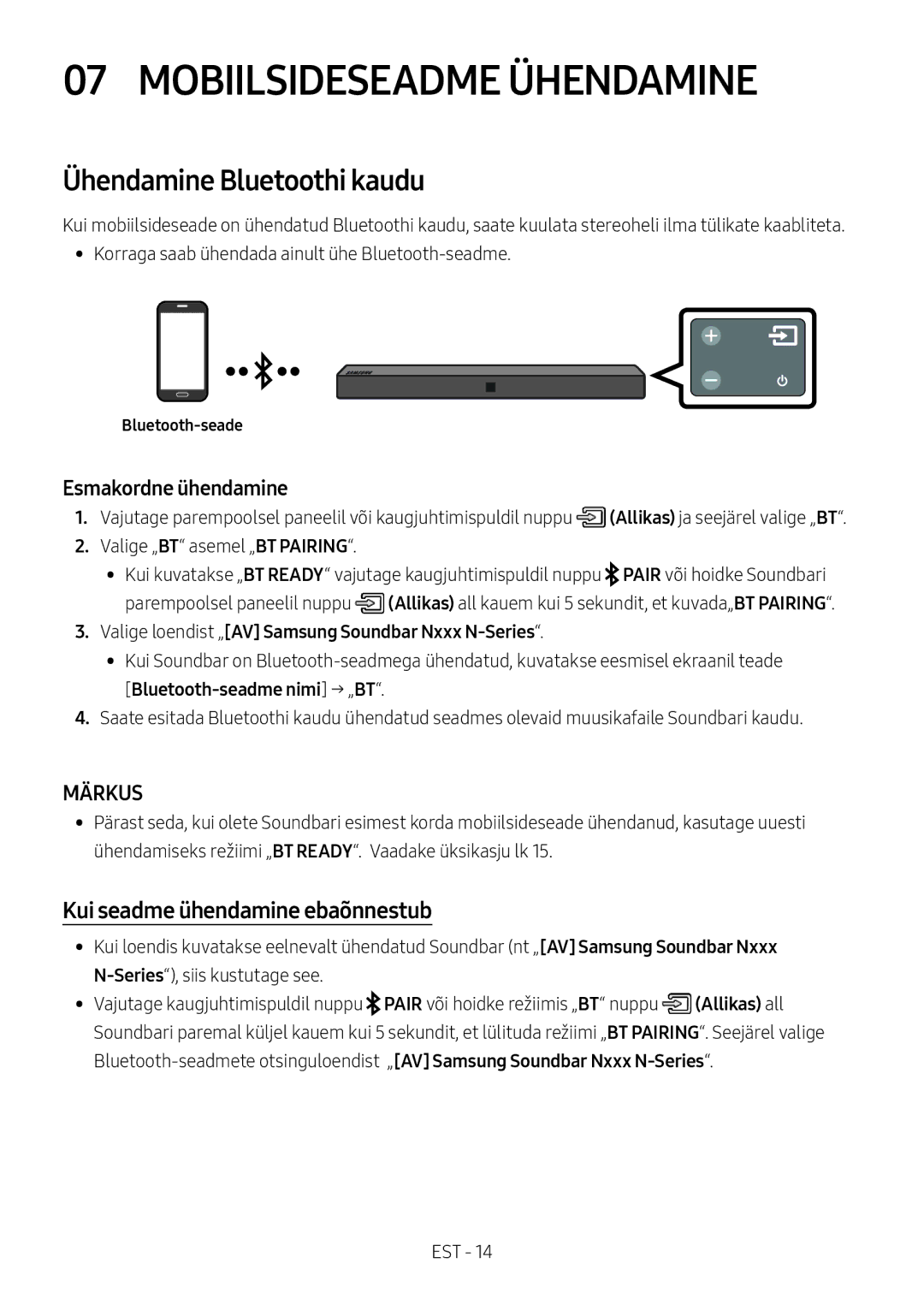 Samsung HW-N410/XE, HW-N400/ZG Mobiilsideseadme Ühendamine, Ühendamine Bluetoothi kaudu, Kui seadme ühendamine ebaõnnestub 