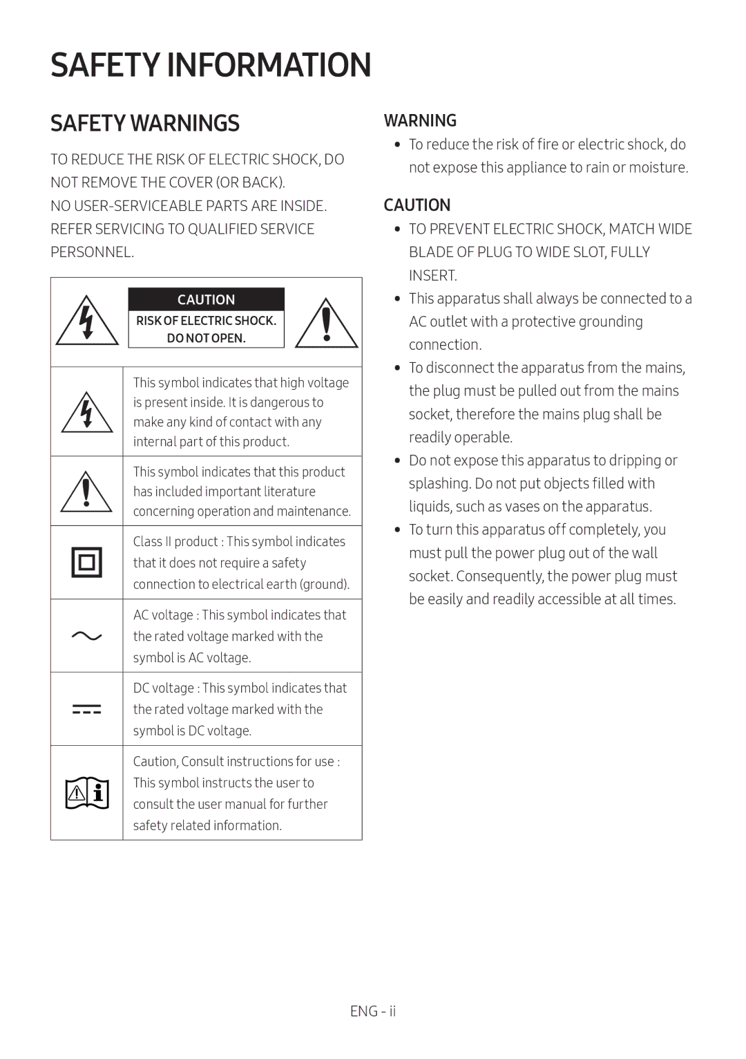 Samsung HW-N400/EN, HW-N400/ZG, HW-N400/ZF, HW-N410/XE, HW-N400/XN manual Safety Information, Safety Warnings 