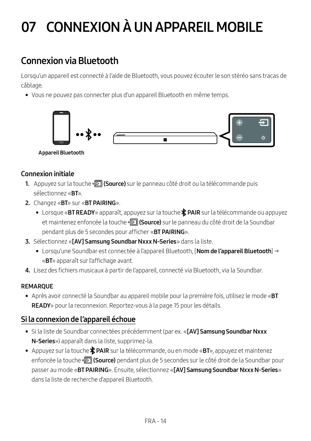 Samsung HW-N400/ZF manual Connexion À UN Appareil Mobile, Connexion via Bluetooth, Si la connexion de l’appareil échoue 