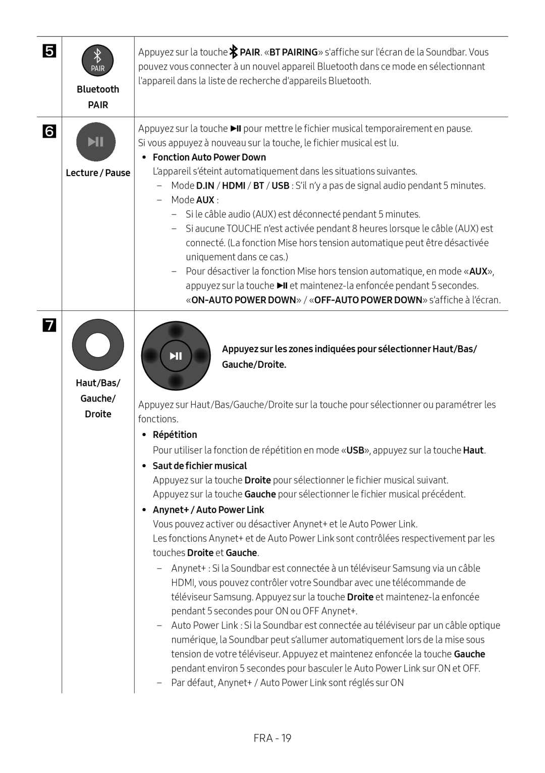 Samsung HW-N400/ZF Fonction Auto Power Down, Lecture / Pause, Haut/Bas Gauche/Droite, Répétition, Saut de fichier musical 